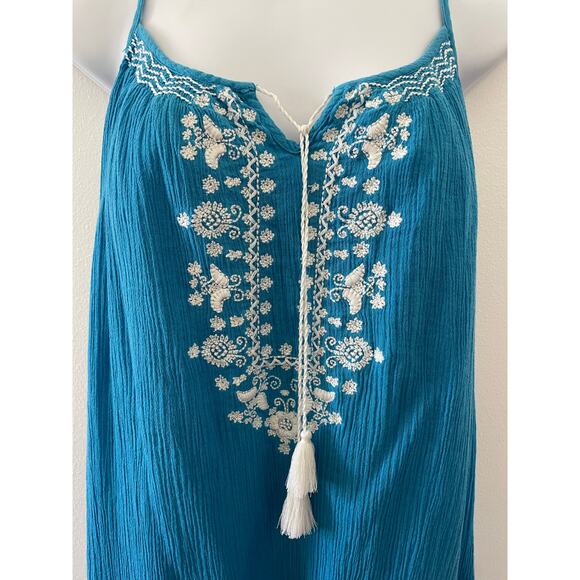 Pink Chicken Dress Womens Medium Blue Boho Hippie Gauzy Embroidered Flowy Tassel - Picture 3 of 13